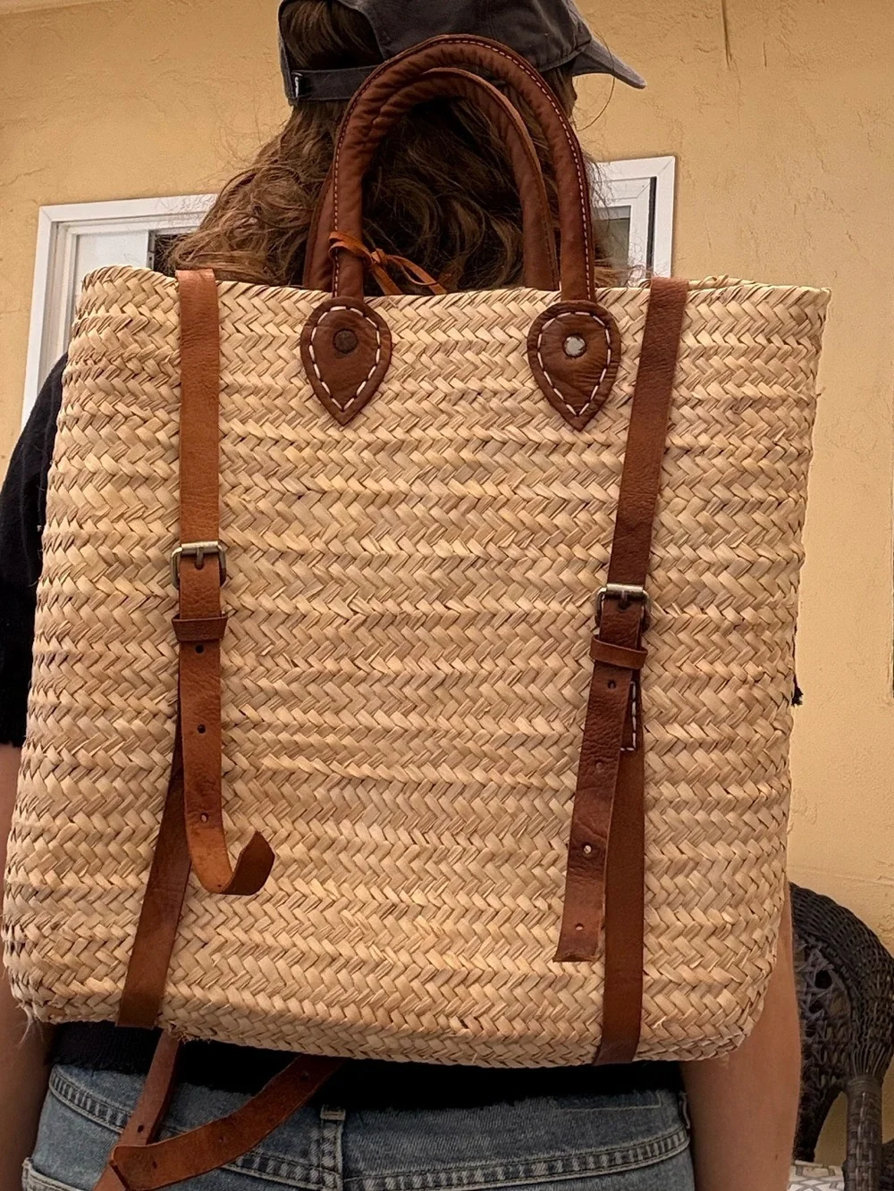 Natural Straw Backpack with Brown Leather Trim